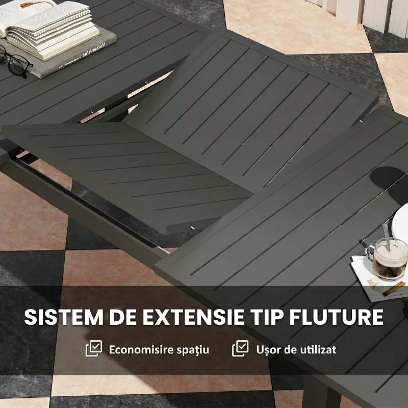 Outsunny Masă extensibilă de grădină 160-220 cm pentru 6-8 persoane, dreptunghiulară, din aluminiu, gri