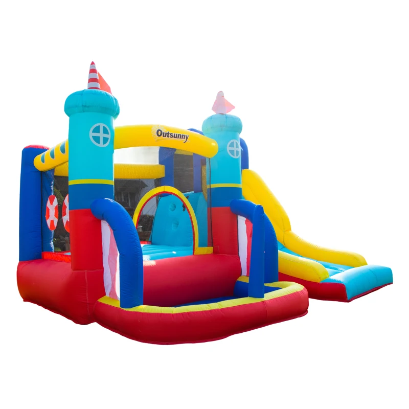 Outsunny Castel Gonflabil 4 in 1 pentru Copii de la 3 la 8 ani cu Tobogan, Trambulina, Piscina si Pompa inclusa, 265x260x200cm