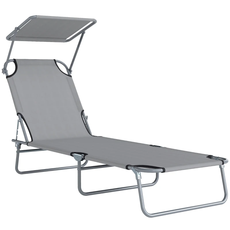 Outsunny Outdoor Foldable Sun Lounger, 4 Level Adjustable Backrest Reclining Sun Lounger Chair with Angle Adjust Sun Shade Awning for Beach, Garden, Patio, Light Grey