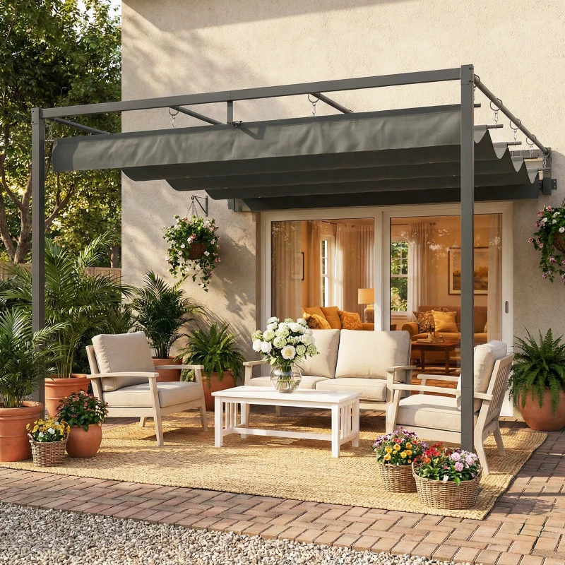 Outsunny Pergolă montată 3x3 m cu acoperiș retractabil glisant, guri de drenaj, pergolă de grădină din poliester și oțel, pentru terasă, curte, exterior, UV30+, Gri Închis