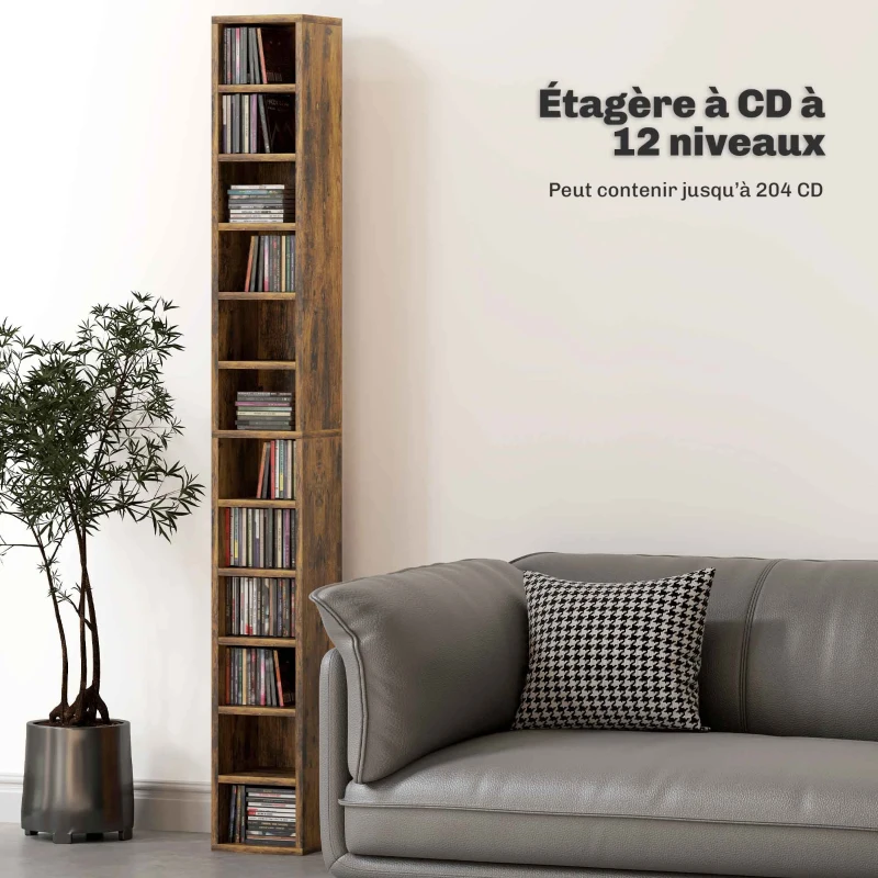 HOMCOM Rangements pour CD et DVD avec 12 compartiments, capacité max. 204 CD, 21 x 20 x 175 cm, brun rustique