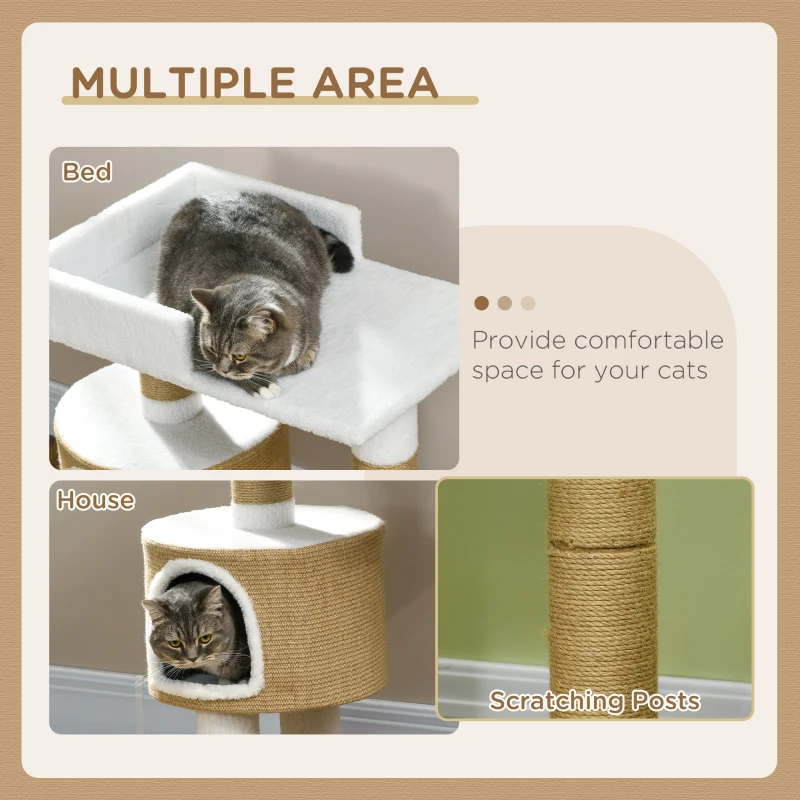 PawHut Drapak dla kotów z domem dla kota, 1 domem dla kota, 1 powierzchnią do leżenia, 70 cm x 49 cm x 79 cm, Naturalny + Biały