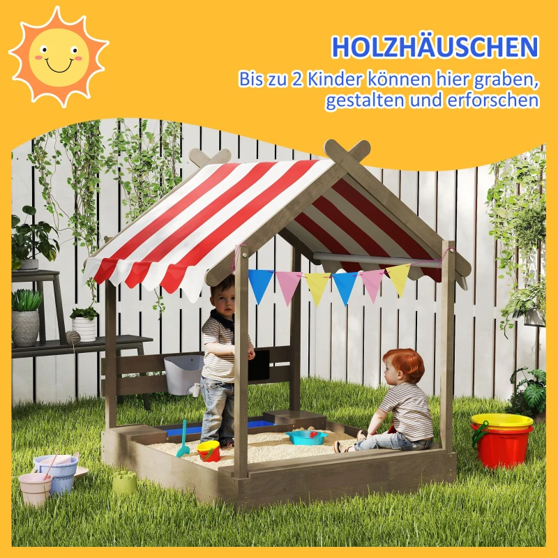 Outsunny Sandkasten mit Sonnenschutz, Spielhaus-Design, mit Spielzeug-Set, behandeltes Massivholz, 124 x 116 x 146 cm, Grau