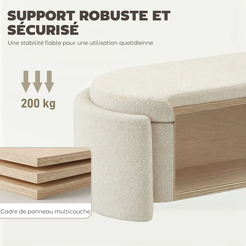 HOMCOM Banc de rangement, bout de lit ovale en polaire Teddy avec assise large, 129 x 48,5 x 44 cm, crème