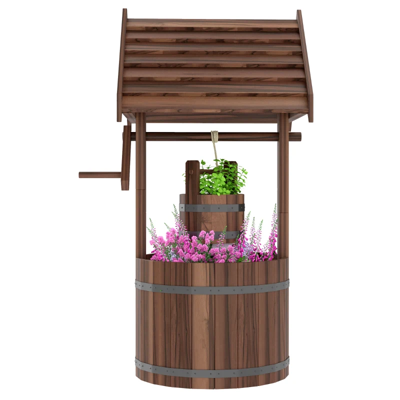 Outsunny Wood Wishing Well for Outside with Hanging Bucket, Wishing Well Planter with Drain Hole for Garden Patio, Carbonized