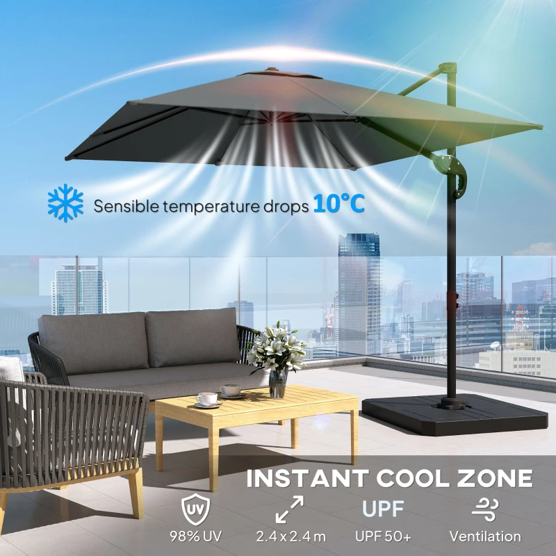 Outsunny 2.4 x 2.4m Cantilever Parasol with Umbrella Weights, UPF50+ Offset Outdoor Umbrella w/ Easy Tilt Adjustment, Dark Grey