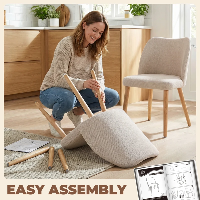 HOMCOM 2er-Set Esszimmerstühle in Leinenoptik und Gummibaumholz, gepolsterte Sitzfläche, geschwungene Rückenlehne, Creme