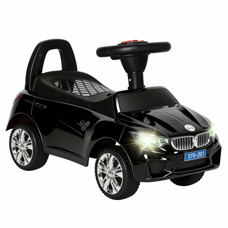 HOMCOM Porteur enfants voiture, véhicule à pousser avec coffre à jouets, klaxon, phares et musique, 63,5 x 28 x 36 cm, noir(m-12)