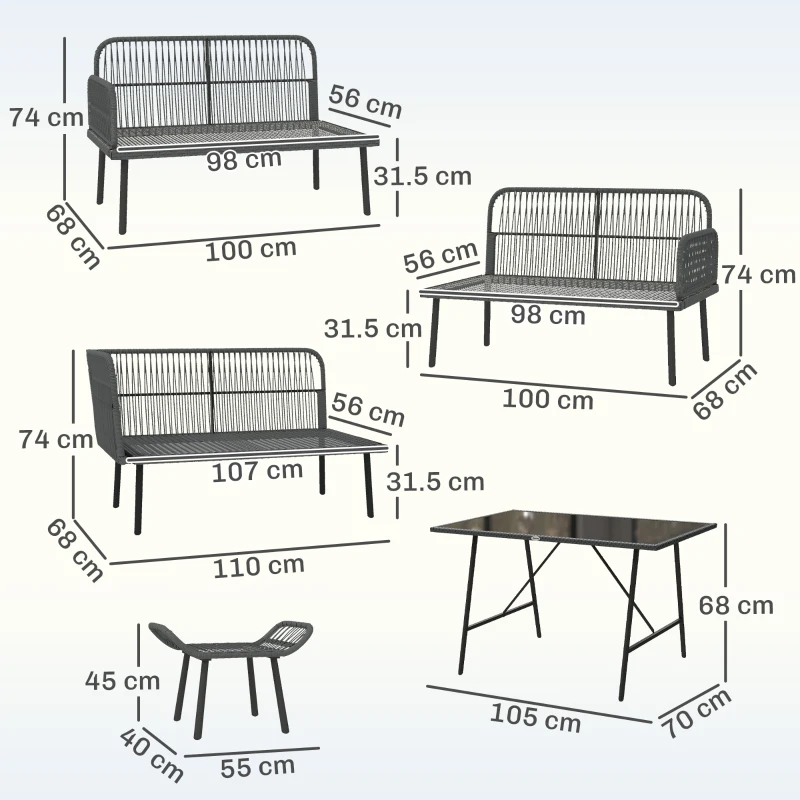 Outsunny 6 Piece Rattan Garden Furniture Set, 8 Seater Garden Corner Sofa with Cushions and Glass Top Table, Orange