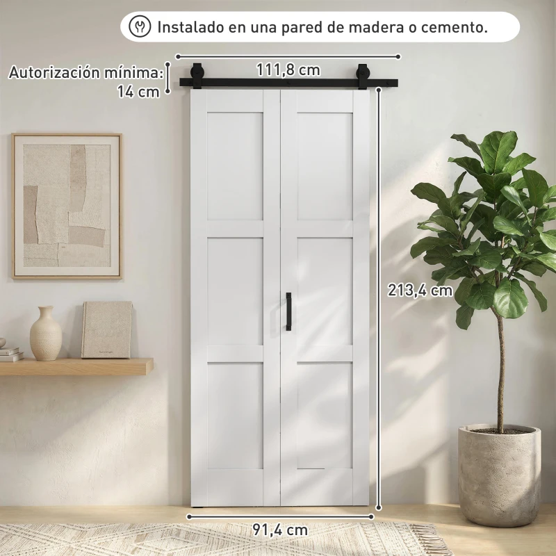 HOMCOM Puerta Corredera Plegable con Herrajes 91,4x213,4 cm con Rodillo Riel de Acero Guía de Suelo Manija Blanco