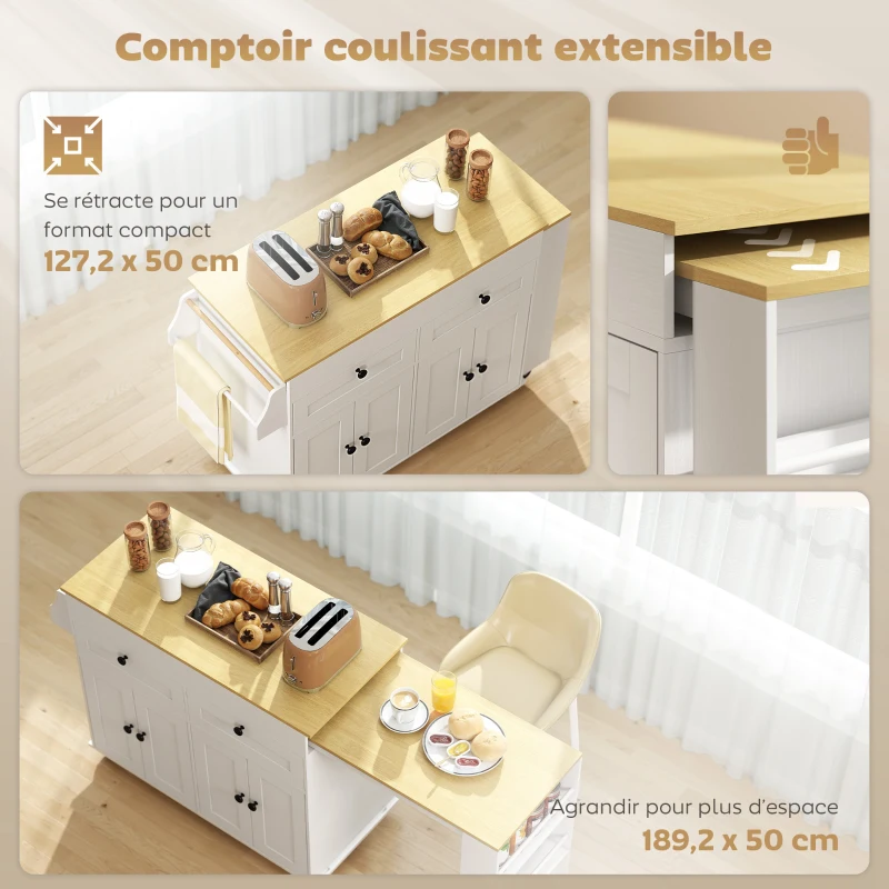 HOMCOM îlot central cuisine avec plateau extensible, desserte de cuisine sur roulettes avec 2 tiroirs, 4 portes, blanc