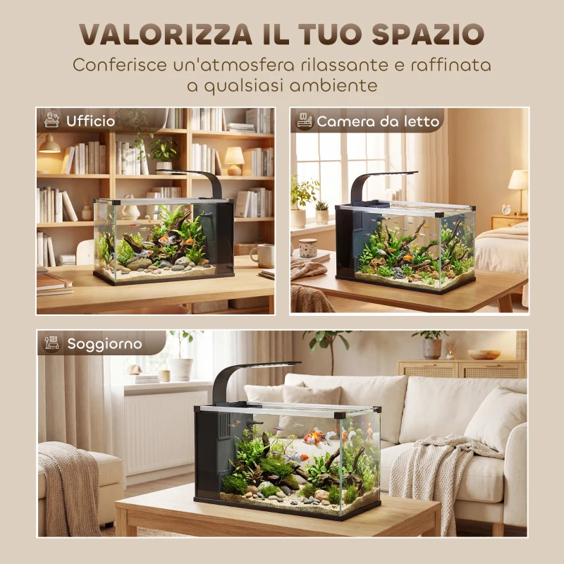 PawHut Acquario, 24L in Vetro Temperato con Filtro, Luce LED e Pompa dell'Acqua