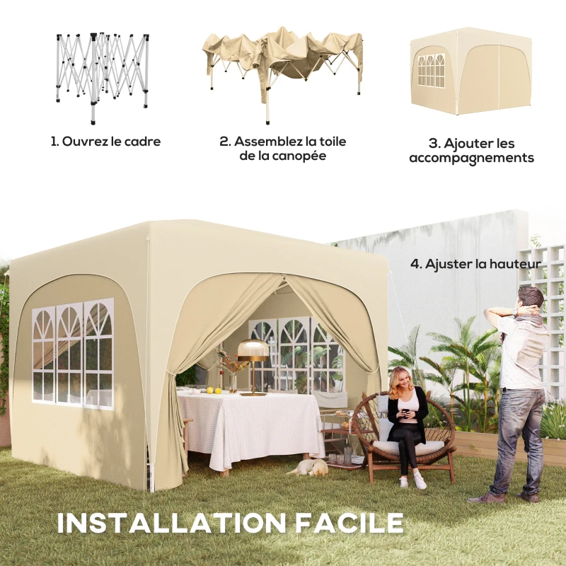 Outsunny Tonnelle Barnum Tente de réception Pliante 3 x 3 x 2,73 m avec fenêtres + Sac de Transport Sable