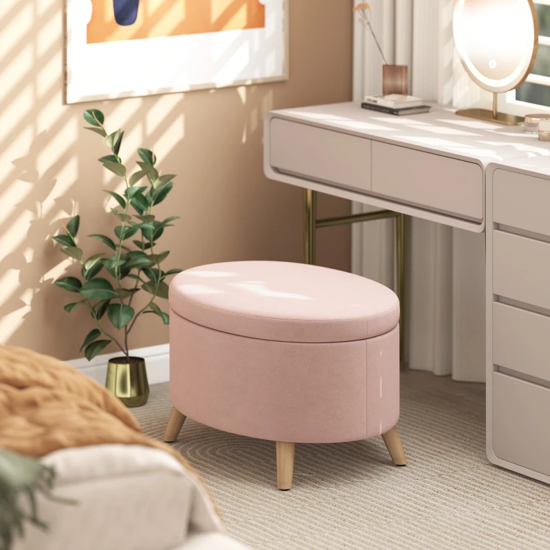 HOMCOM Puff Almacenaje Ovalado Banco Almacenaje 71x51,5x42 cm Tapizado en Terciopelo con Patas de Madera Maciza Rosa Claro
