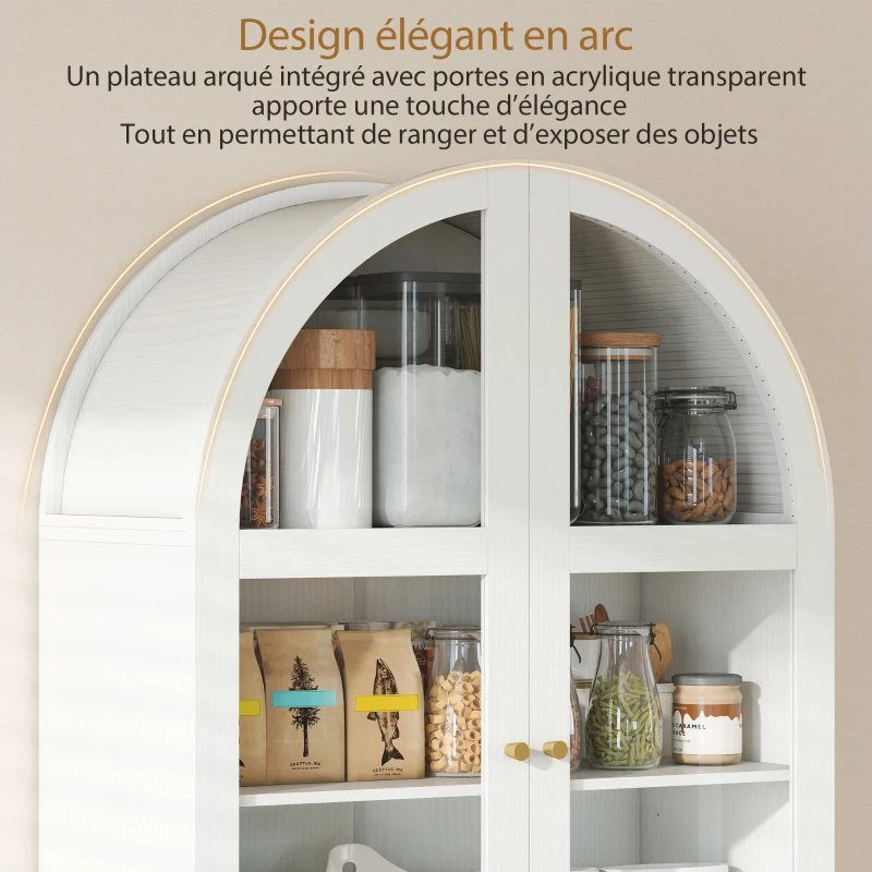 HOMCOM Armoire de cuisine, vaisselier vitrine avec 4 portes dont 2 en acrylique et étagères réglables, 78 x 40 x 180 cm, blanc