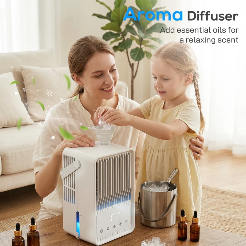 HOMCOM Portable Air Conditioner, 4-in-1 Mini Air Cooler with 3 Wind Speed, 2 Mist Mode, 7 Colour RGB Light, White