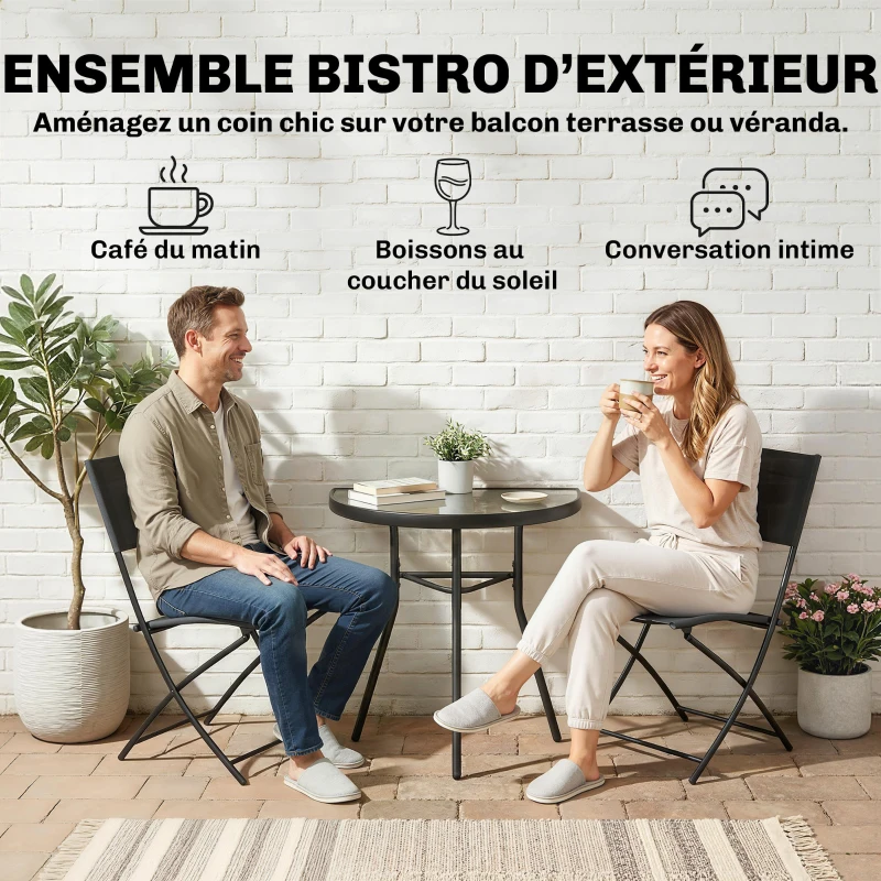 Outsunny Ensemble Bistro d'Extérieur, Mobilier de Patio 3 Pièces avec Chaises Pliantes, Table en Verre Semi-Circulaire, Noir