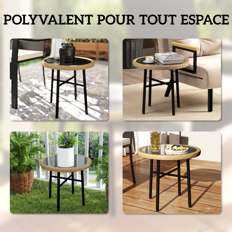Outsunny Table Basse Ronde de Jardin, Table d'Appoint Exterieur en Résine Tressée et Plateau en Verre Trempé, 46x46x43cm, Naturel