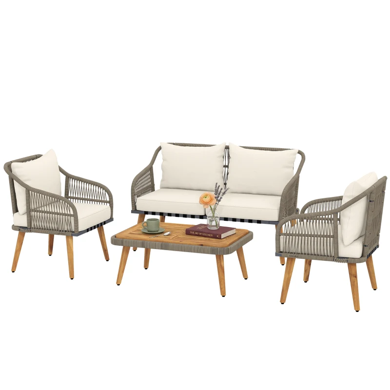 Outsunny 4 Piece Rattan Garden Furniture Set with Loveseat, Armchairs, Wood Table, Wicker Patio Conversation Set, Cream White