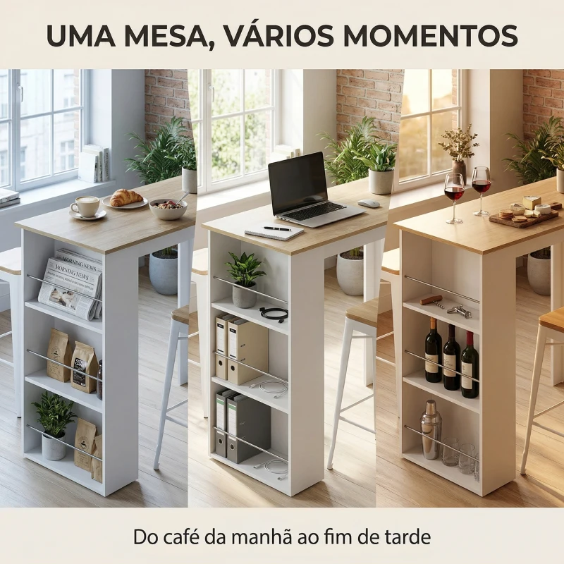 HOMCOM Mesa de Bar de Bistrô com 3 Prateleiras com Suporte Estilo Moderno para Cozinha e Sala de Jantar 112x57x106 cm Branco