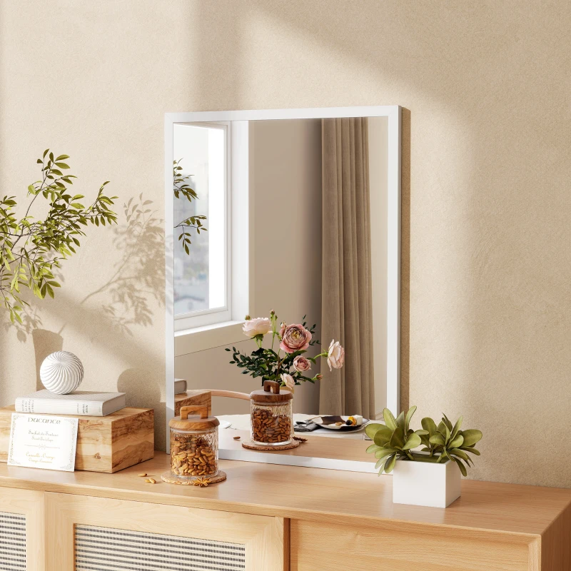 HOMCOM Miroir mural rectangulaire 50 x 70 cm, cadre en bois blanc, idéal pour la salle de bain, salon ou chambre