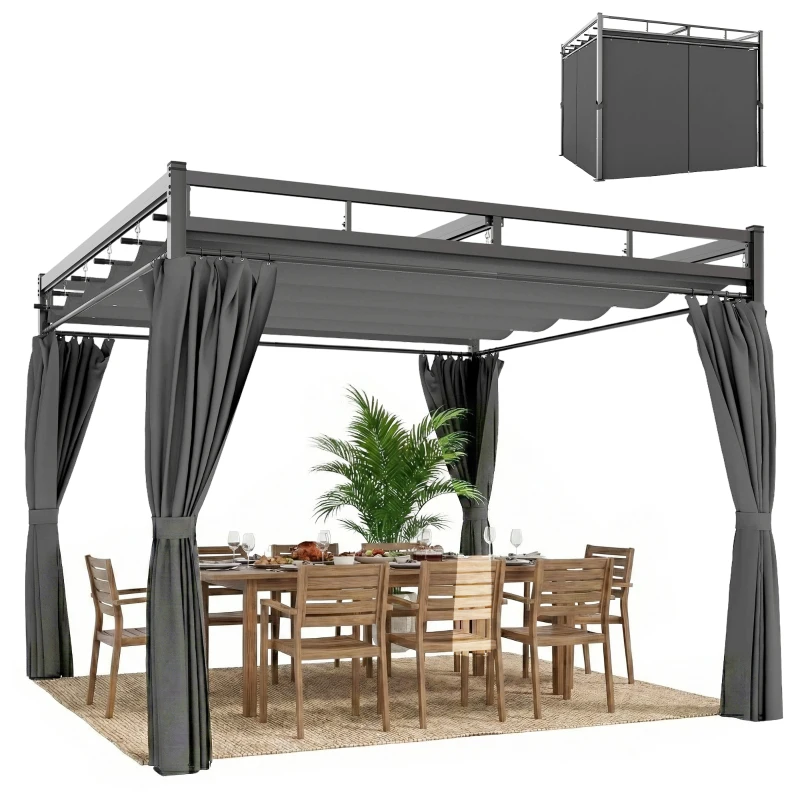 Outsunny 3 x 3 m Pergola with Retractable Roof Canopy and Curtains, UPF30+ Metal Frame Garden Pergola Gazebo Sun Shade, Dark Grey