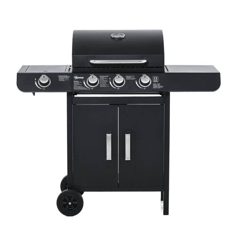 Outsunny Gratar pe gaz cu Capac si Termometru, Raft si 2 Roti, 110x50x100cm Negru