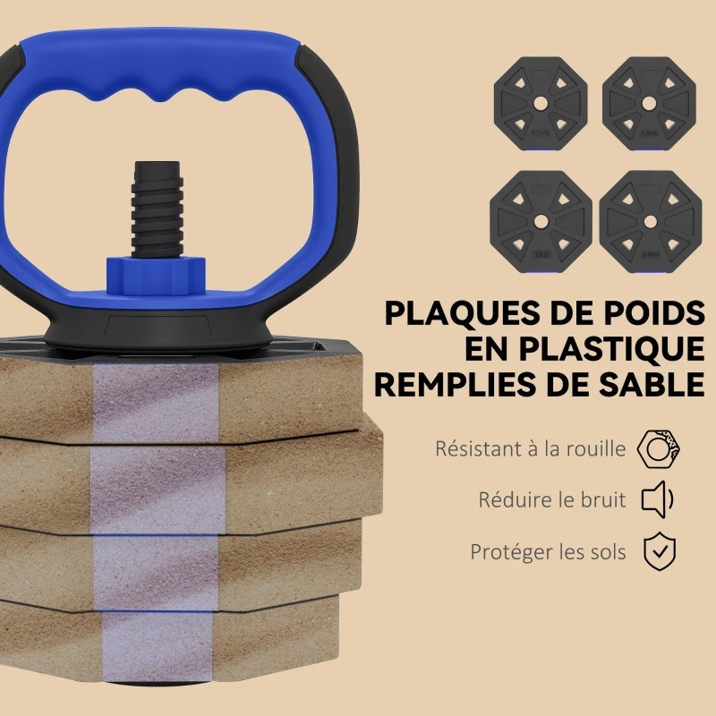 SPORTNOW Ensemble d'Haltères Musculation 6-en-1 Haltère Réglable 30 kg Kettlebell, Barre de Musculation Support pour Pompes Bleu