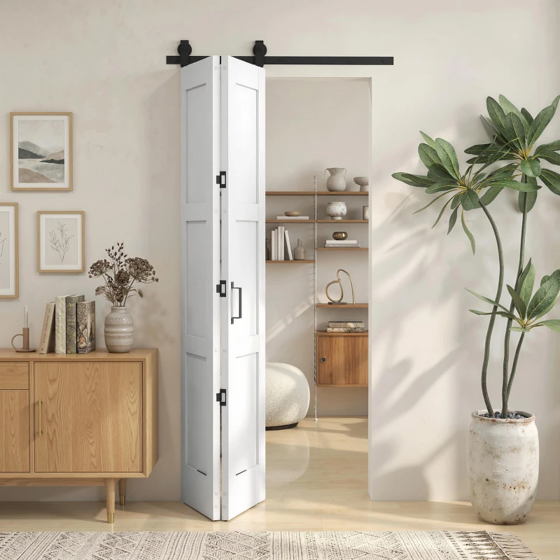 HOMCOM Puerta Corredera Plegable con Herrajes 91,4x213,4 cm con Rodillo Riel de Acero Guía de Suelo Manija Blanco