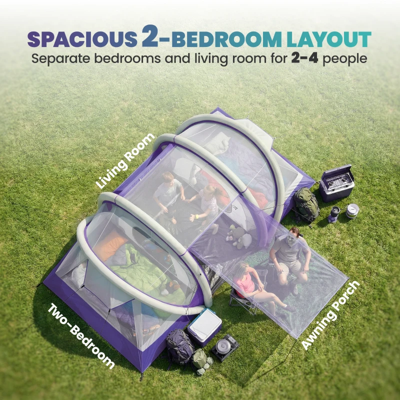 Outsunny Inflatable Tent 2 Bedroom 3000mm Waterproof Windproof Air Tent with Carry Bag for 4 Person