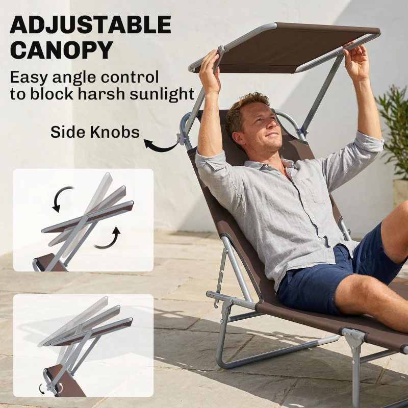 Outsunny Folding Sun Lounger with Canopy, Reclining Sunbed with 4-Position Adjustable Backrest, 600D Oxford Cloth, Portable Garden Lounger Recliner Chair for Beach, Camping, Patio, Brown