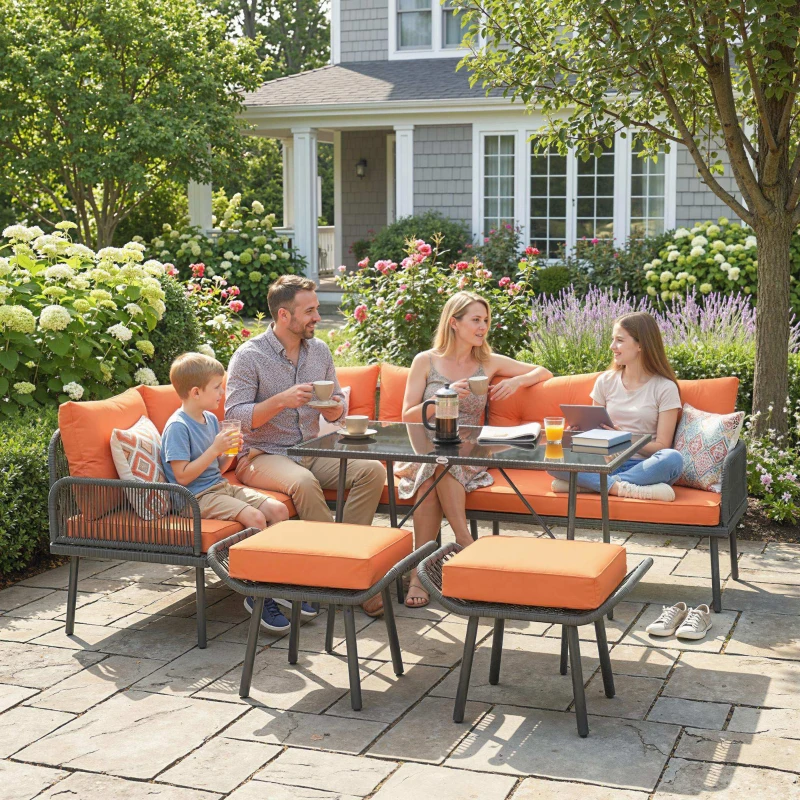 Outsunny 6 Piece Rattan Garden Furniture Set, 8 Seater Garden Corner Sofa with Cushions and Glass Top Table, Orange
