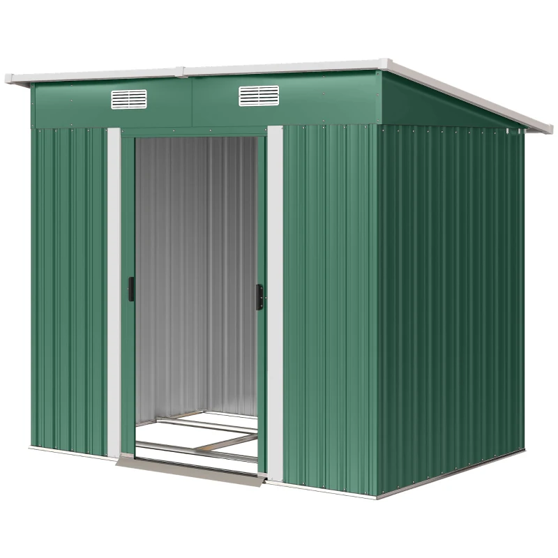 Outsunny 7 x 4ft Outdoor Storage Shed with Foundation Kit, Lean to Metal Garden Shed for Log, Rubbish Bin, Tool, Bike, Green