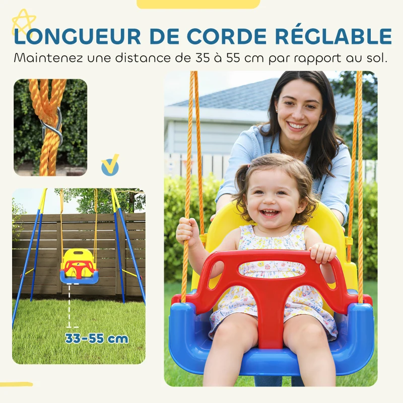 AIYAPLAY Portique Balançoire Enfants 3-en-1, Balançoire Pliable avec Siège Réglable, Intérieur et Extérieur, Multicolore