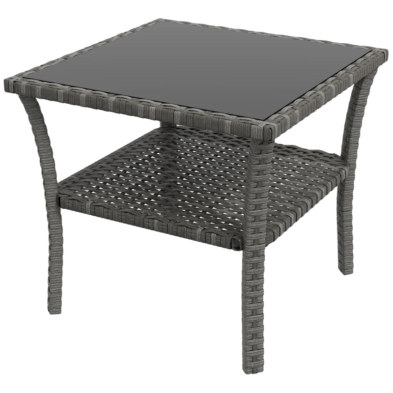 Outsunny Table d'appoint en résine tressée 2 niveaux 50x50x45cm, table basse de jardin carrée plateau en verre trempé, gris