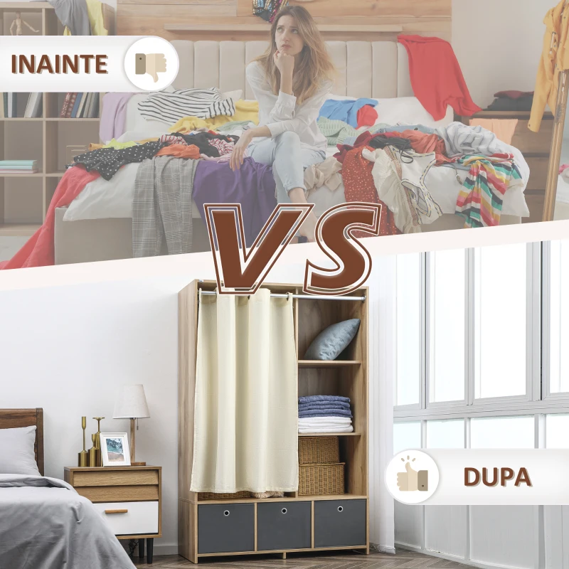 HOMCOM Dulap din PAL cu sina pentru agatat, 3 sertare din tesatura cu aspect de in si 3 rafturi, 105x48x160 cm, culoarea lemnului