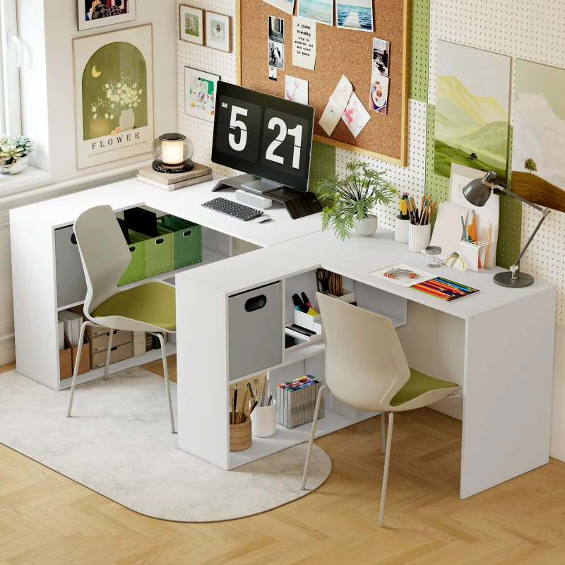 HOMCOM Bureau d'angle, bureau d'ordinateur avec tiroir en tissu et compartiments ouverts, 110 x 100 x 75 cm, blanc
