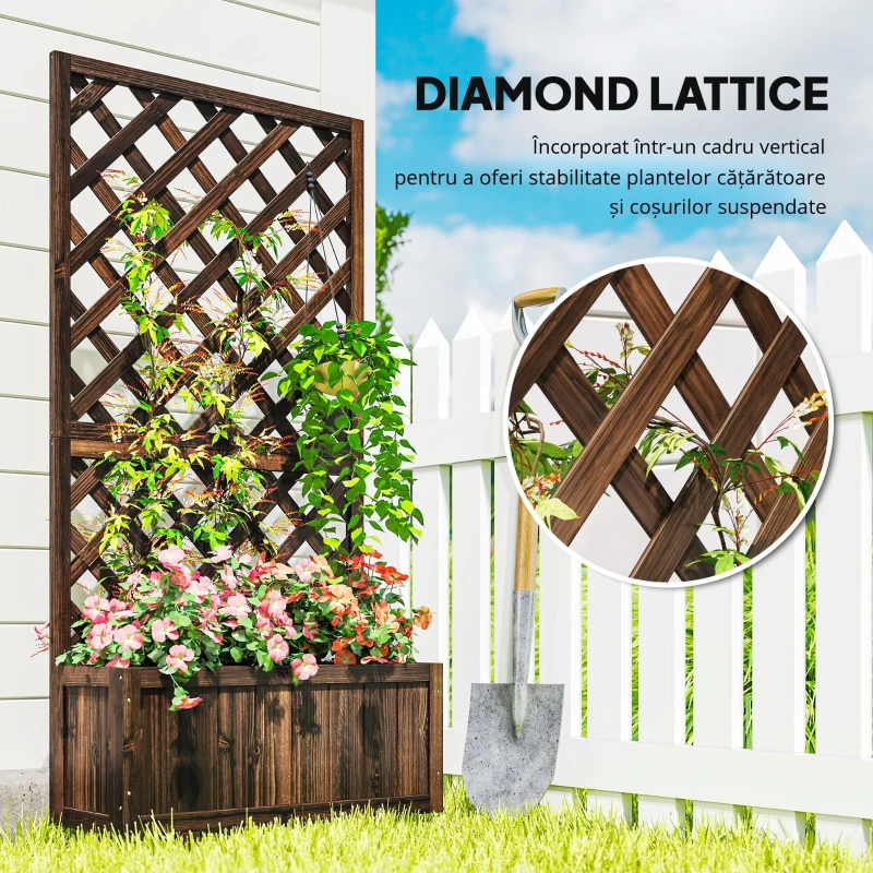 Outsunny Jardinieră de Exterior cu Spalier, Grilaj pentru Plante Cățărătoare și Ghiveci, 72.5x31.5x149.5 cm, Lemn Natural