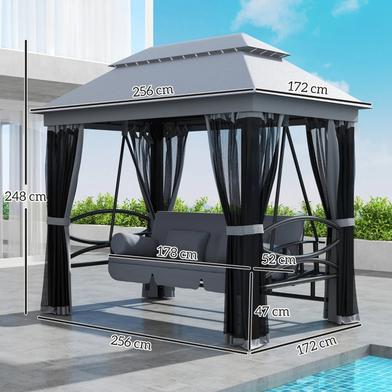 Outsunny 3 Seater Swing Chair 3-in-1 Convertible Garden Swing Seat Bed Gazebo Patio Bench Outdoor with Double Tier Canopy, Cushioned Seat, Mesh Sidewalls, Grey
