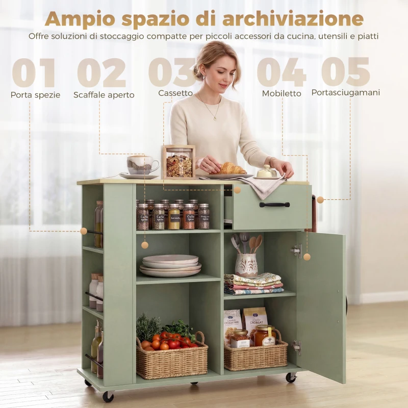 HOMCOM Mobile Cucina con Cassetto, Armadietto e Ripiano Regolabile, Verde Chiaro
