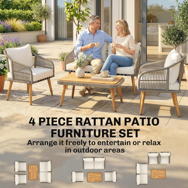 Outsunny 4 Piece Rattan Garden Furniture Set with Loveseat, Armchairs, Wood Table, Wicker Patio Conversation Set, Cream White
