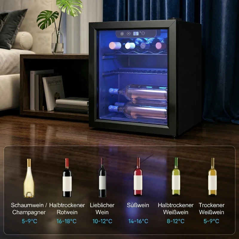 HOMCOM Weinkühler für 12 Flaschen, 36 L Kapazität, 4–16°C, Unterbau Kühlschrank für Getränke und Bier, mit Glastür, LED-Licht