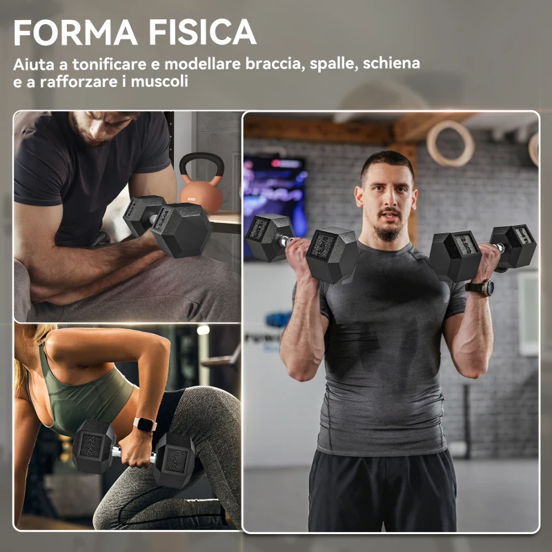 HOMCOM Set di Manubri Palestra da 2x12.5 kg Esagonale con Impugnatura Zigrinata Antiscivolo, Nero