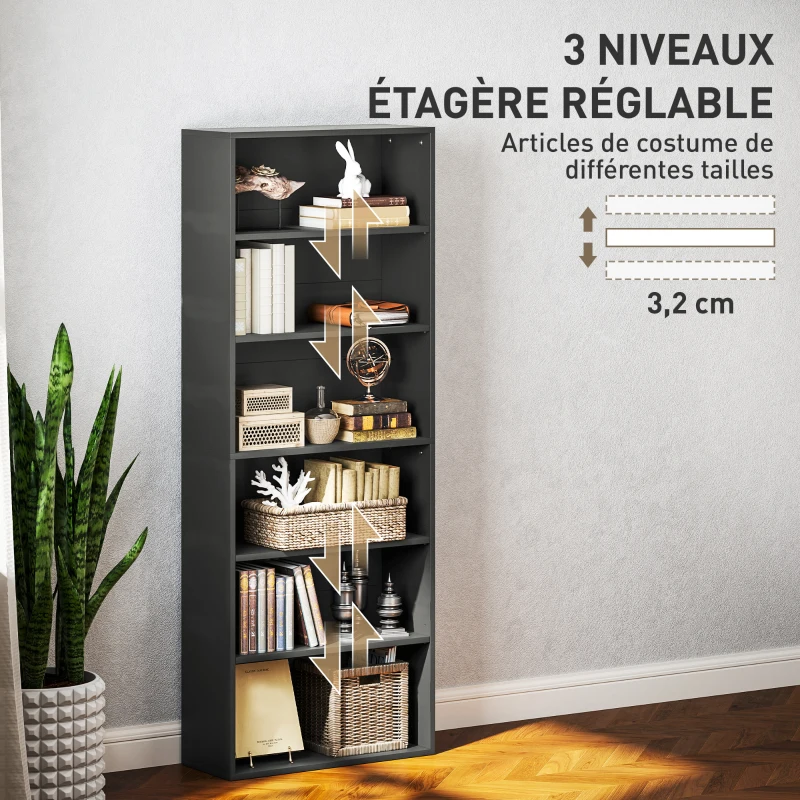 HOMCOM Bibliothèque étagère de rangement 6 niveaux avec étagères réglables pour salon, chambre, bureau, 60x24x158,5cm, noir