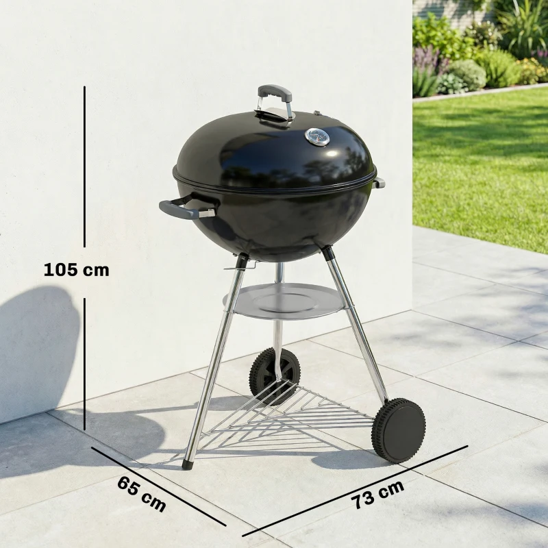 Outsunny barbecue portable au charbon, grille extérieure ronde avec couvercle, thermomètre, roues, noir.