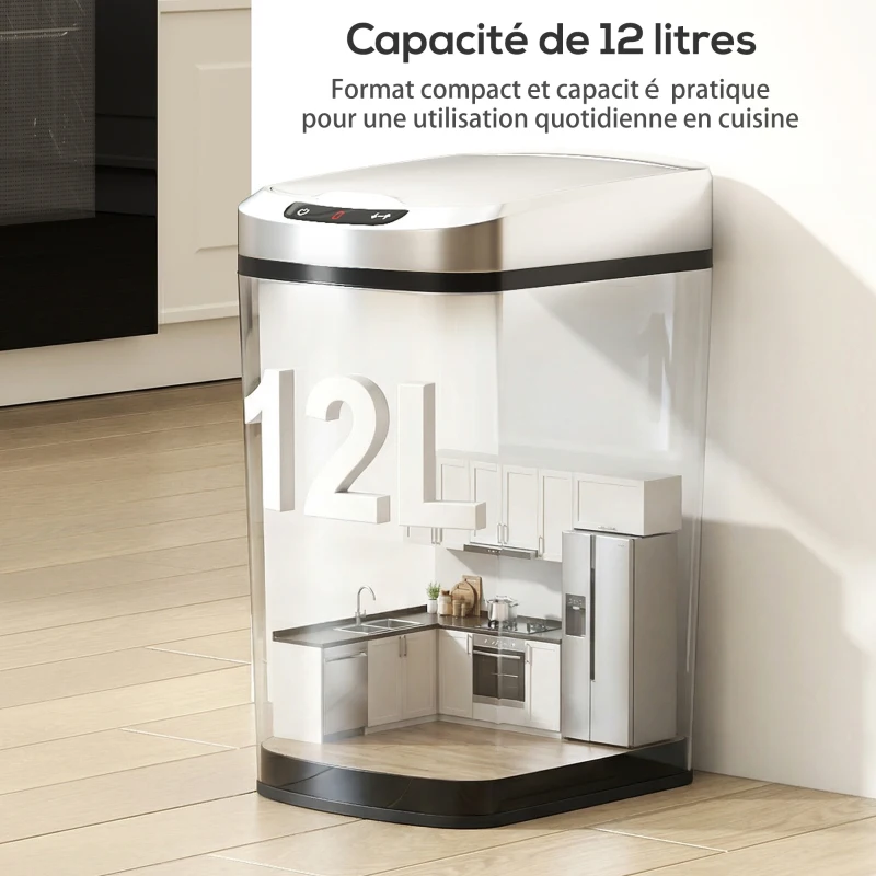 HOMCOM Poubelle de cuisine automatique 12 L en acier inoxydable, poubelle à capteur avec couvercle, 28 x 22 x 41 cm, argent