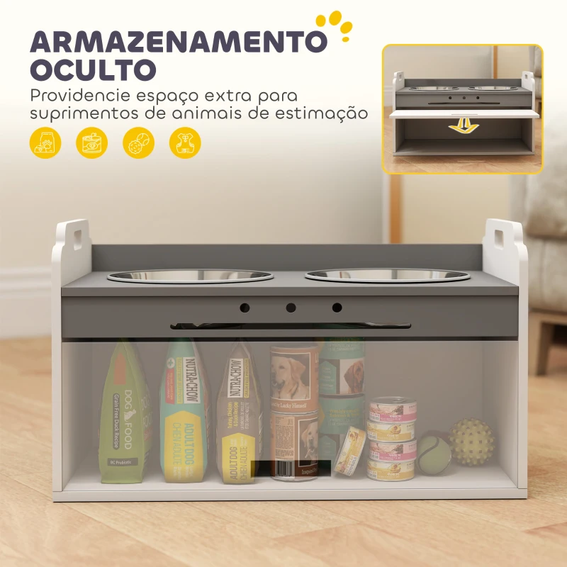 PawHut Comedouro Elevado para Cães com Armário de Armazenamento 2 Tigelas com Anéis Antiderrapantes 60x30x35,5cm Branco