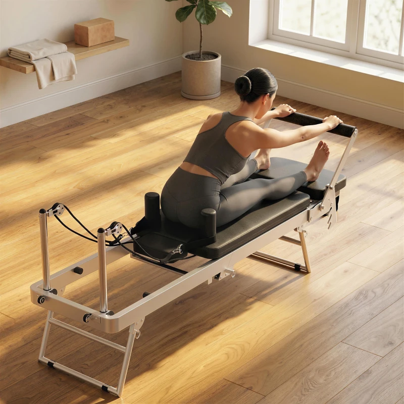 SPORTNOW Máquina Reformer Pilates Dobrável Sistema Híbrido 4 Molas e 5 Cordas Silencioso Aço 195x56x88 cm Branco