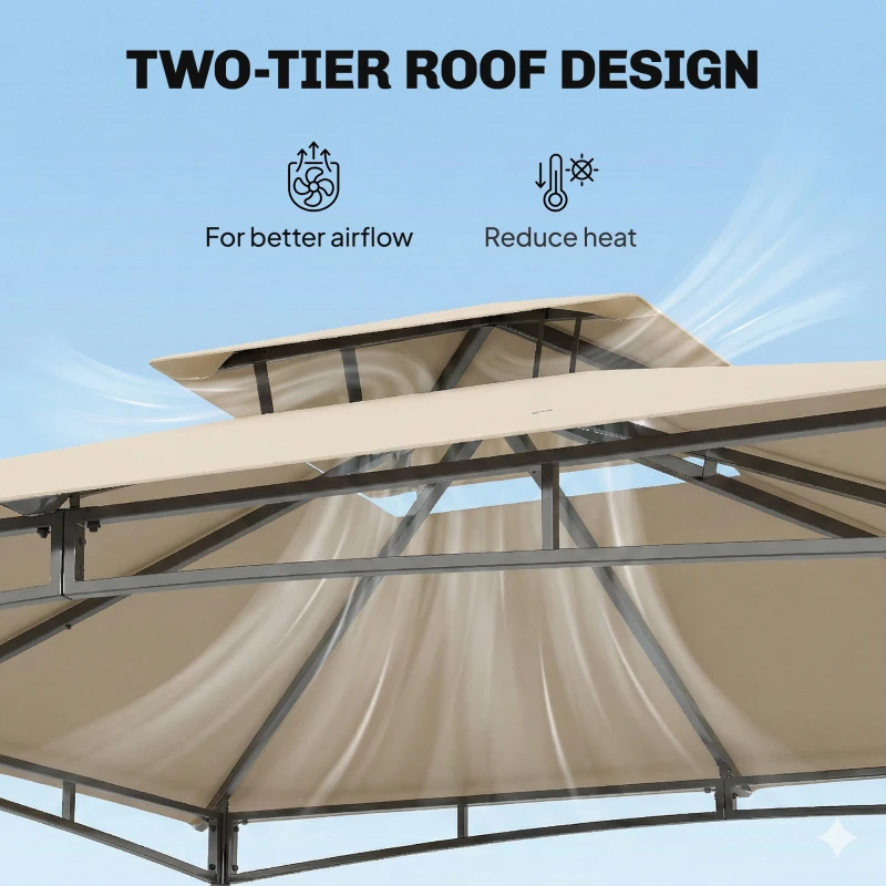 Outsunny 3 x 3 m Gazebo, Garden Gazebo with 2-Tier Roof, Metal Frame, Khaki