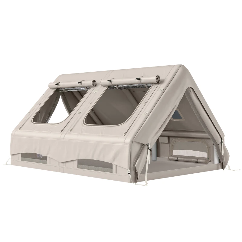 Outsunny Inflatable Camping Tent, 4 Season Hot Tent 10000mm Waterproof with Chimney Opening, Sky Light and Air Pump, Khaki